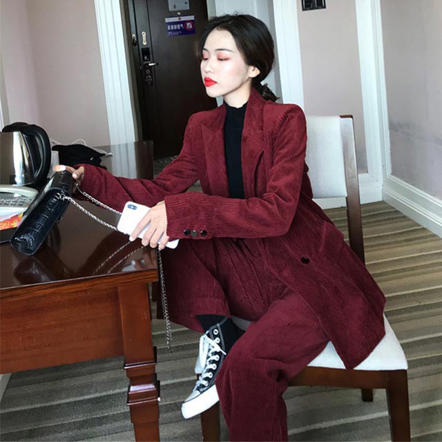 レディース パンツスーツ コーデュロイ 韓国カジュアル c170 ワン赤 パンツスーツ レディース コーデュロイ スーツ 2点セット